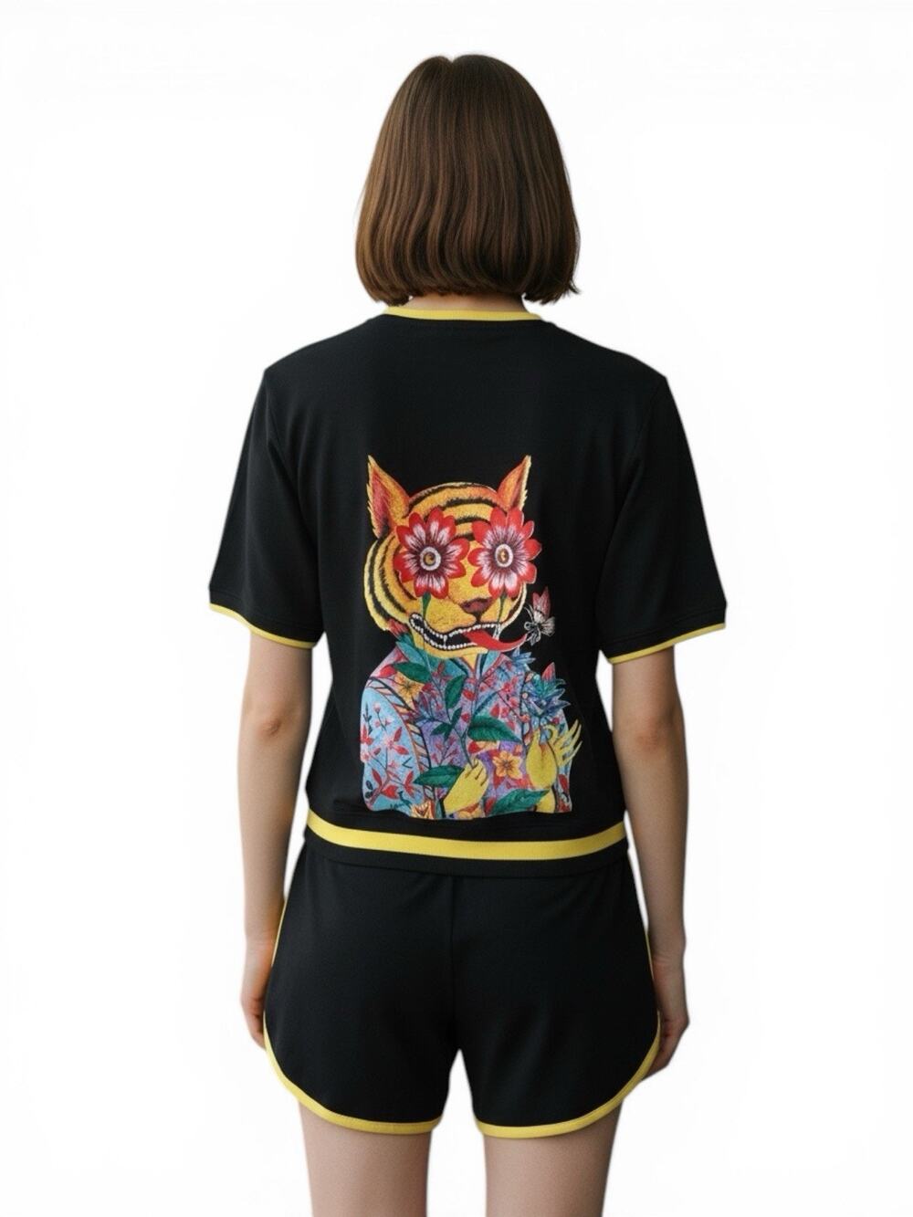 Women's Black Athletic Shorts Yellow Trim Cat Floral Graphic Print S